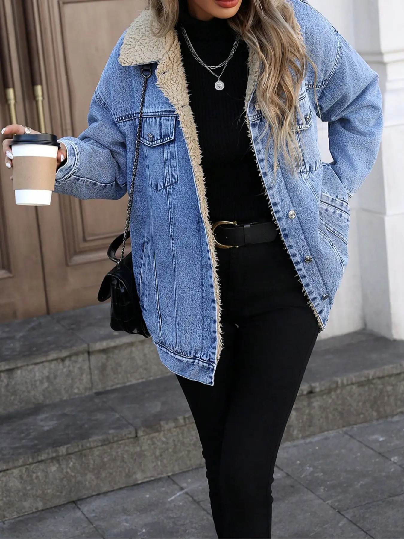 Women's Fall Winter Casual Fashion Jacket, Elegant Solid Color Stand Collar Thickened Warm Denim Coat, Versatile Outerwear for Women