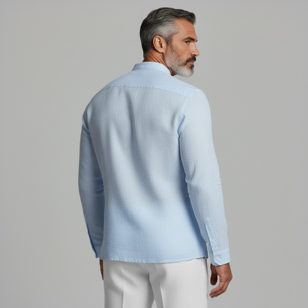 Men's Cool Blue Stand Collar Patch Pocket Slanted Placket Long Sleeve Linen Shirt