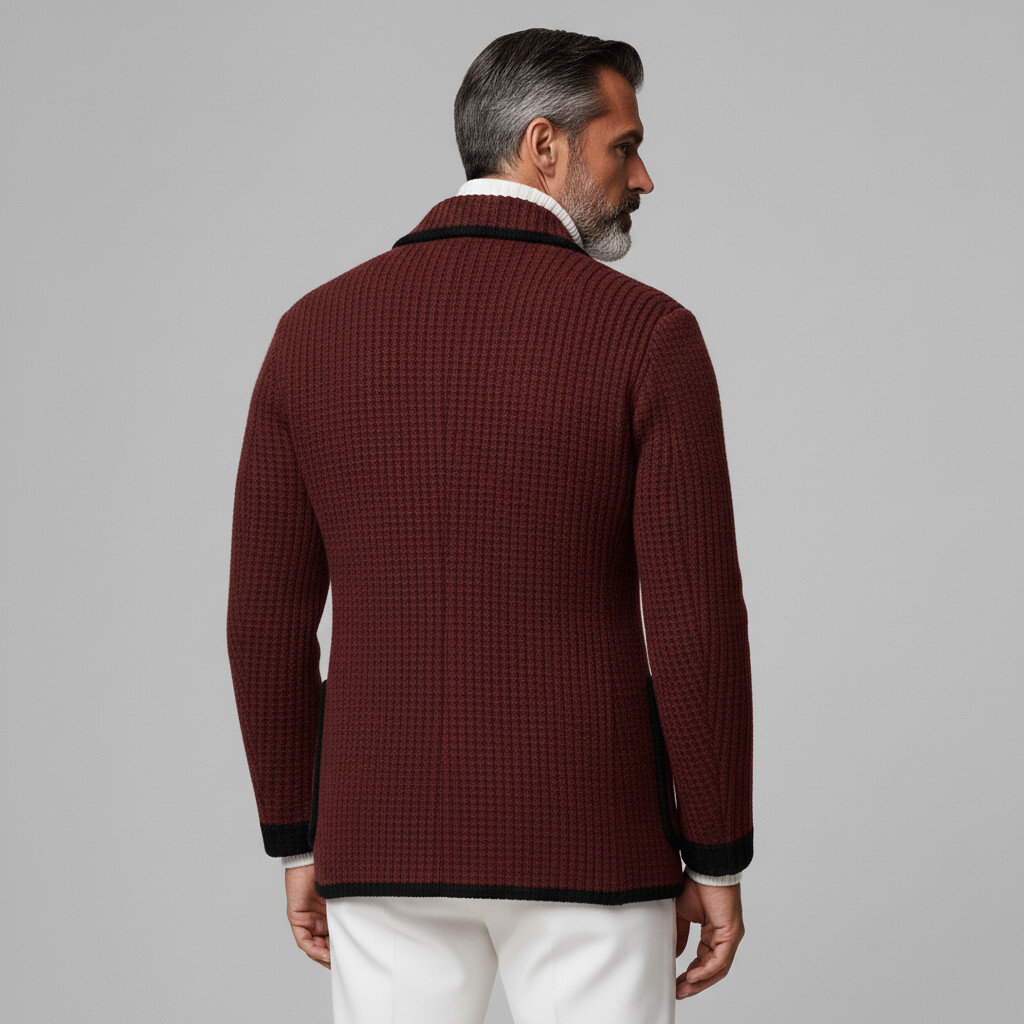 Men's Burgundy Knitted Peak Lapel Double Breasted Long Sleeve Pocket Contrast Trim Blazer