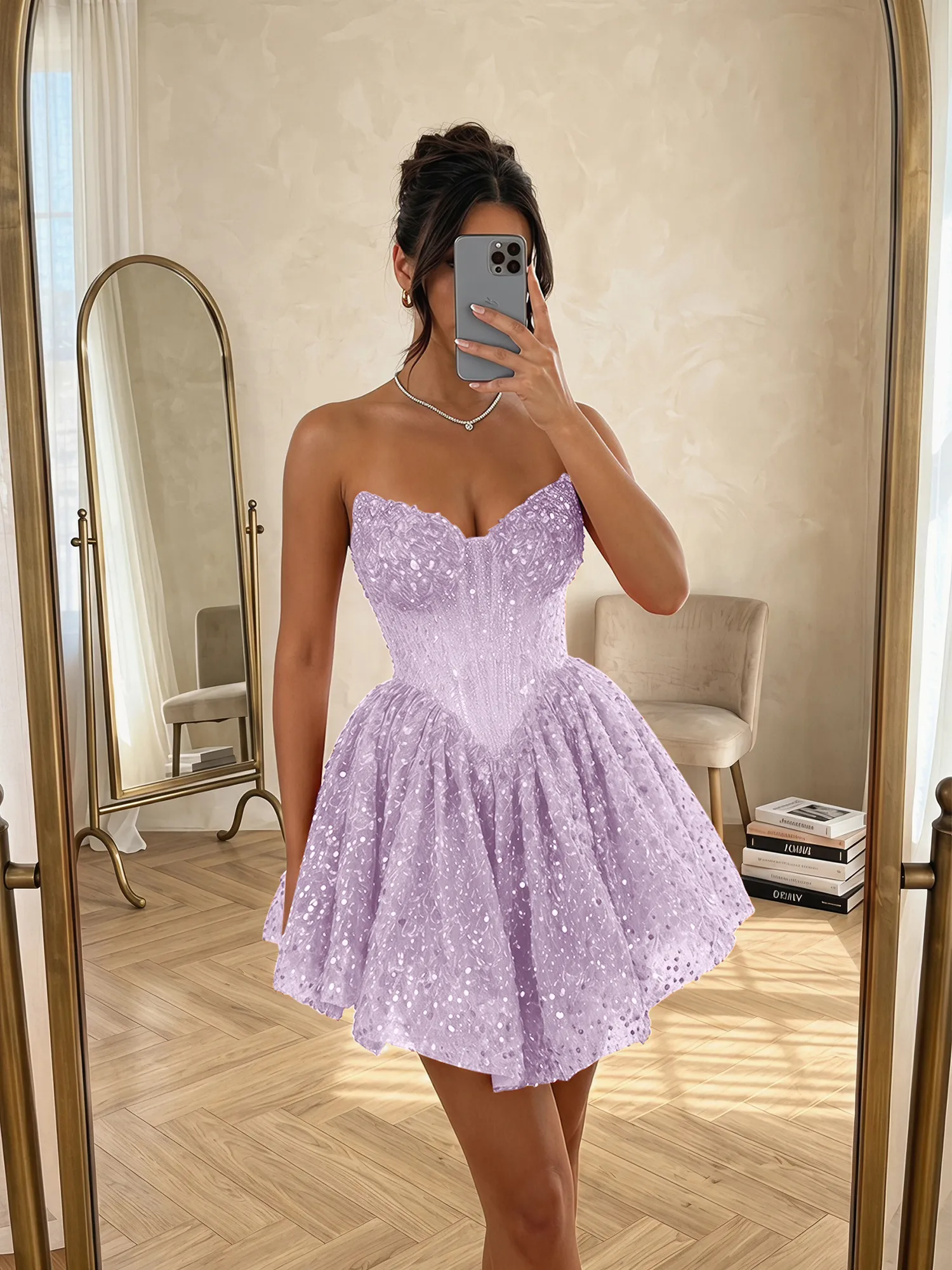 Sequin Strapless Sweetheart Mini Homecoming Dress with Ruffled Skirt