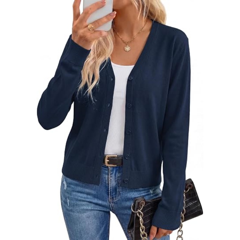 Women Wool‑Blend Button‑Down Knit Cardigan V‑Neck Long Sleeve Cropped Business Casual Fall Knit Outer Top