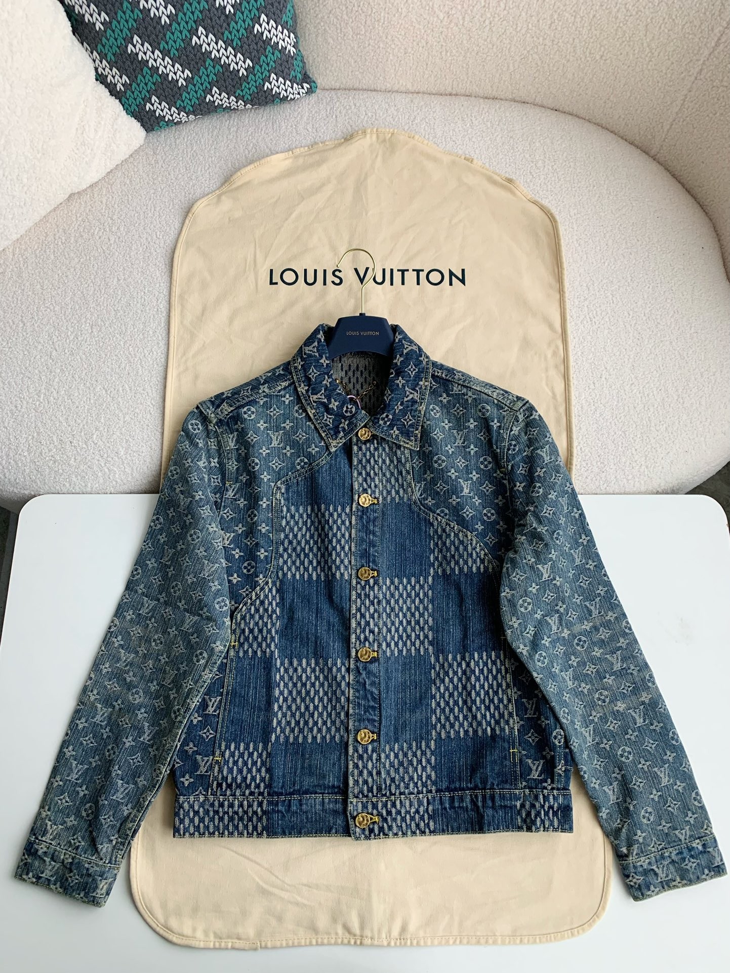 LV Classic Logo printed all over patchwork denim jacket
