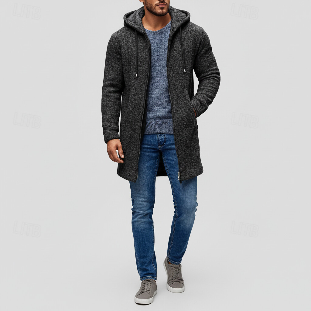 Men's Casual Drawstring Sherpa-Lined Zip Up Long Sleeve Hooded Cardigans