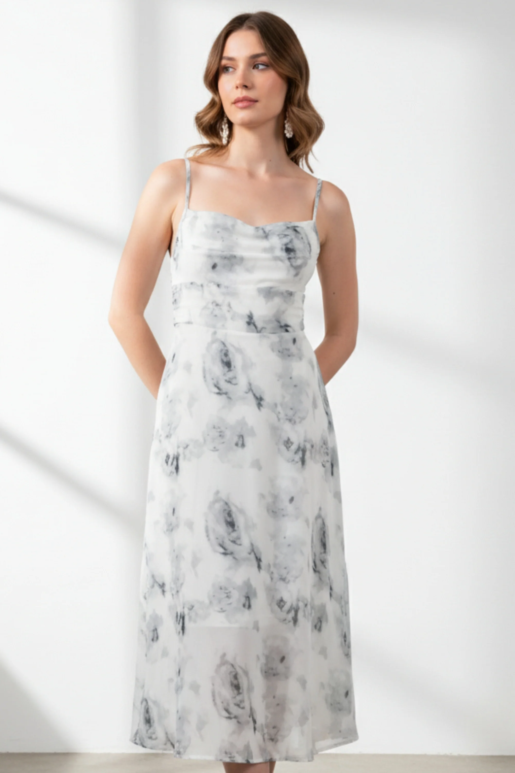 White Floral Strappy Midi Dress