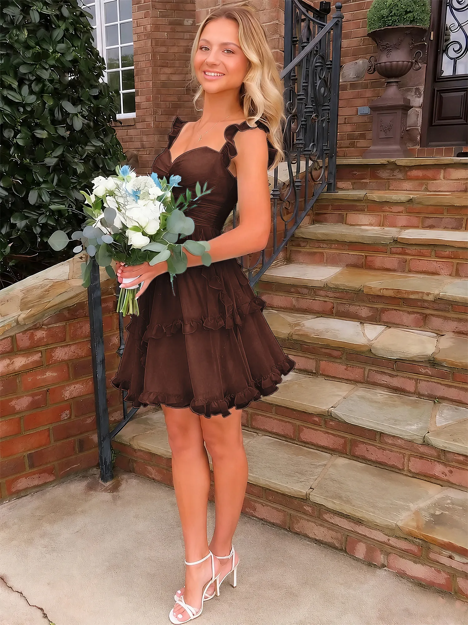 Sweetheart Ruffle Strap Tiered Chiffon Mini Homecoming Dress