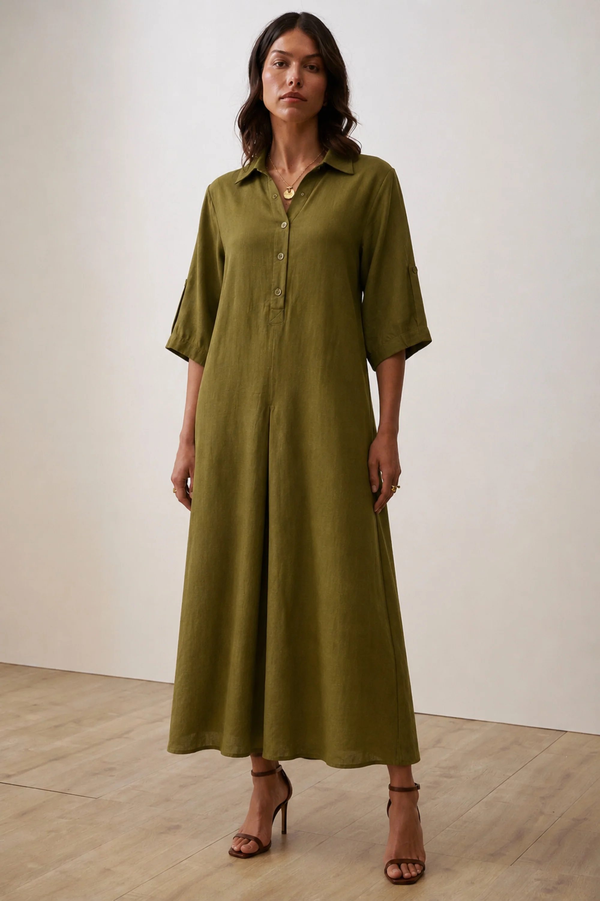 Olive Breeze Linen Maxi Dress