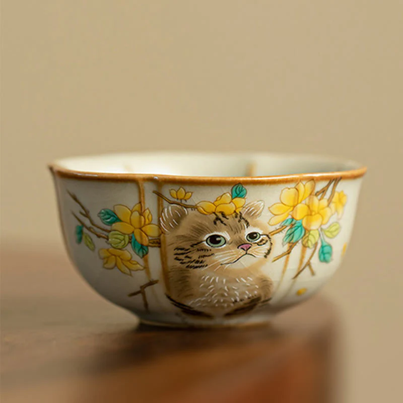 Cute Cat Yellow Flowers Rabbit Teacup Kung Fu Tea Cup
