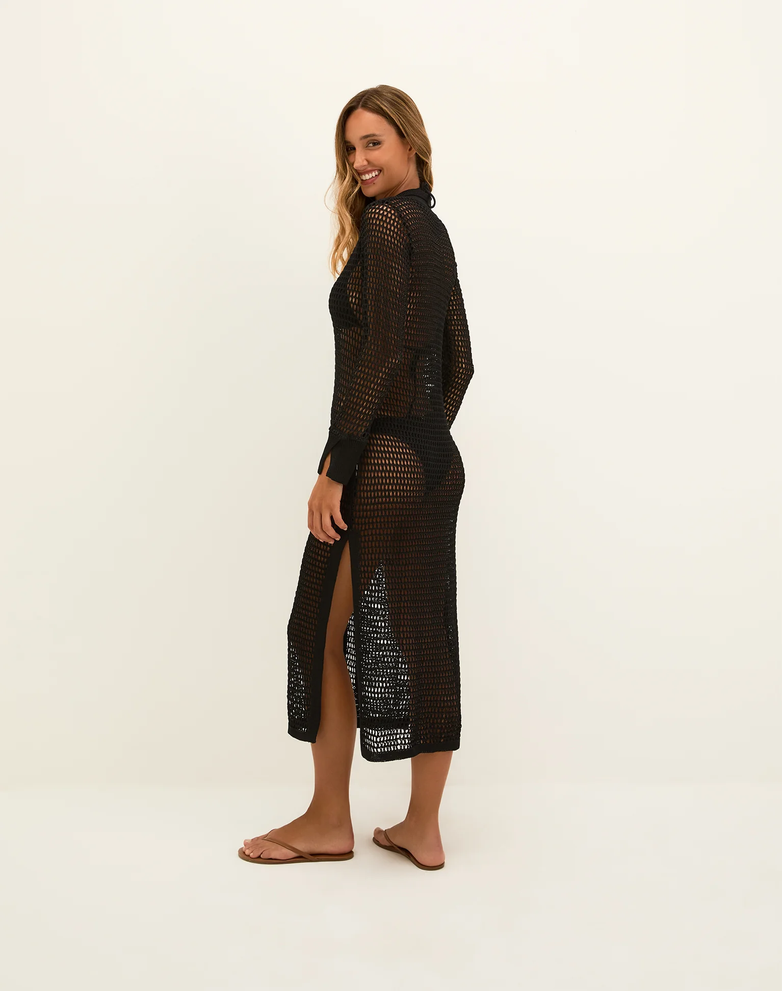 Knit Long Shirt Cover Up - Black