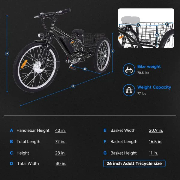 26 Inch Adult 3 Wheel Electric Tricycle with Basket, Fat Tires,7 Speeds,350W Powerful Motor, 36V 10Ah Removable Battery �� Dark Gray