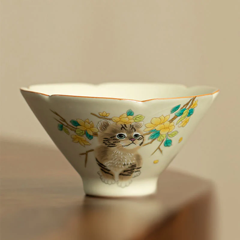 Cute Cat Yellow Flowers Rabbit Teacup Kung Fu Tea Cup