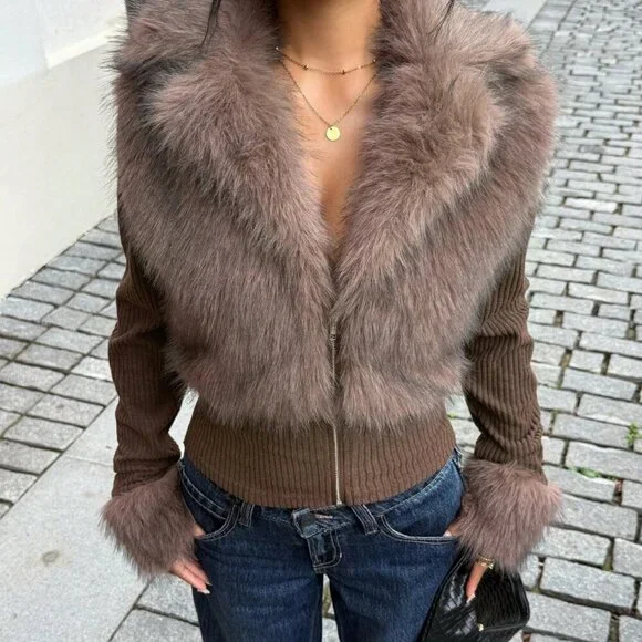 Women's Fashion Street Style Patchwork Knit Faux Fur Jacket, Zipper Long Sleeve Coat, Fall & Winter Thick Fabric, Casual Wear