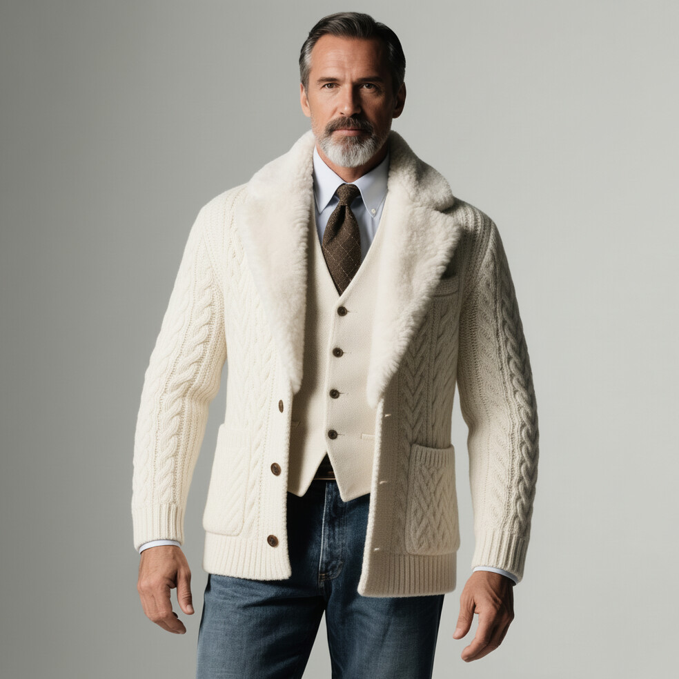 Men's Beige Fur Collar Long Sleeve Button Patch Pocket Cable Knit Cardigans