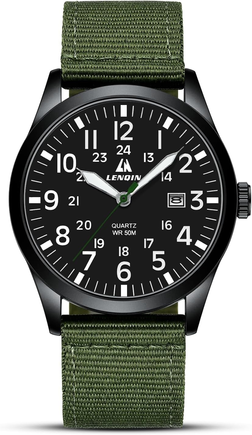 LN LENQIN Mens Watches Military Sport Analog Quartz Watch for Men | Nylon Strap Stylish Luminous Fashion 3ATM Waterproof Army Tactical Casual Wristwatch Unisex Watch for Men With Date