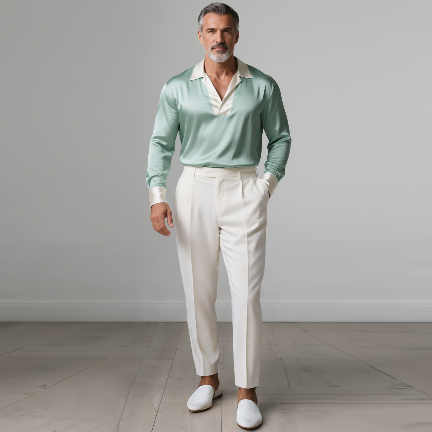 Men's Satin Contrast Trim Long Sleeve Polo Shirt