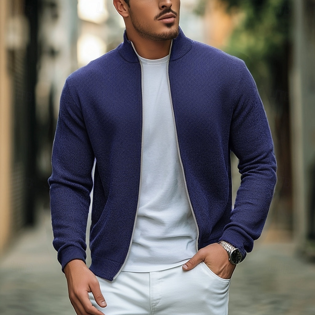 Men's Daily Stand Collar Slant Pocket Rib Knit Zipper Sweater Jacket