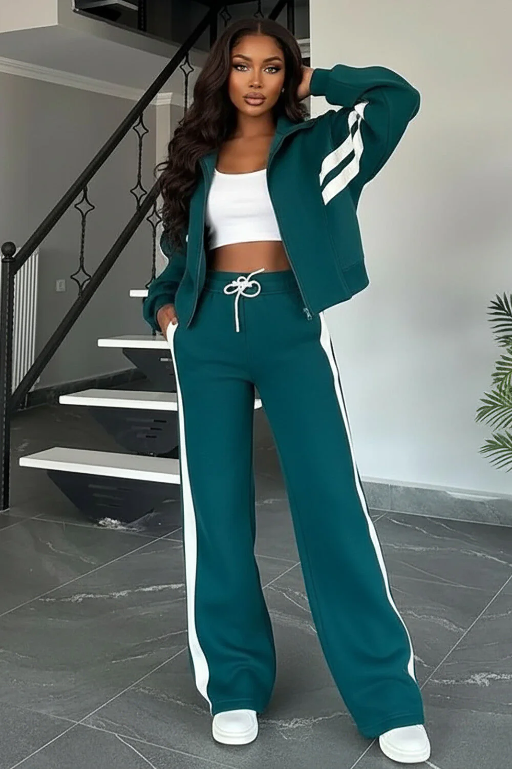 Long Sleeve Track Jacket Colorblock Striped Pants 2pcs Set-Teal [Pre Order]