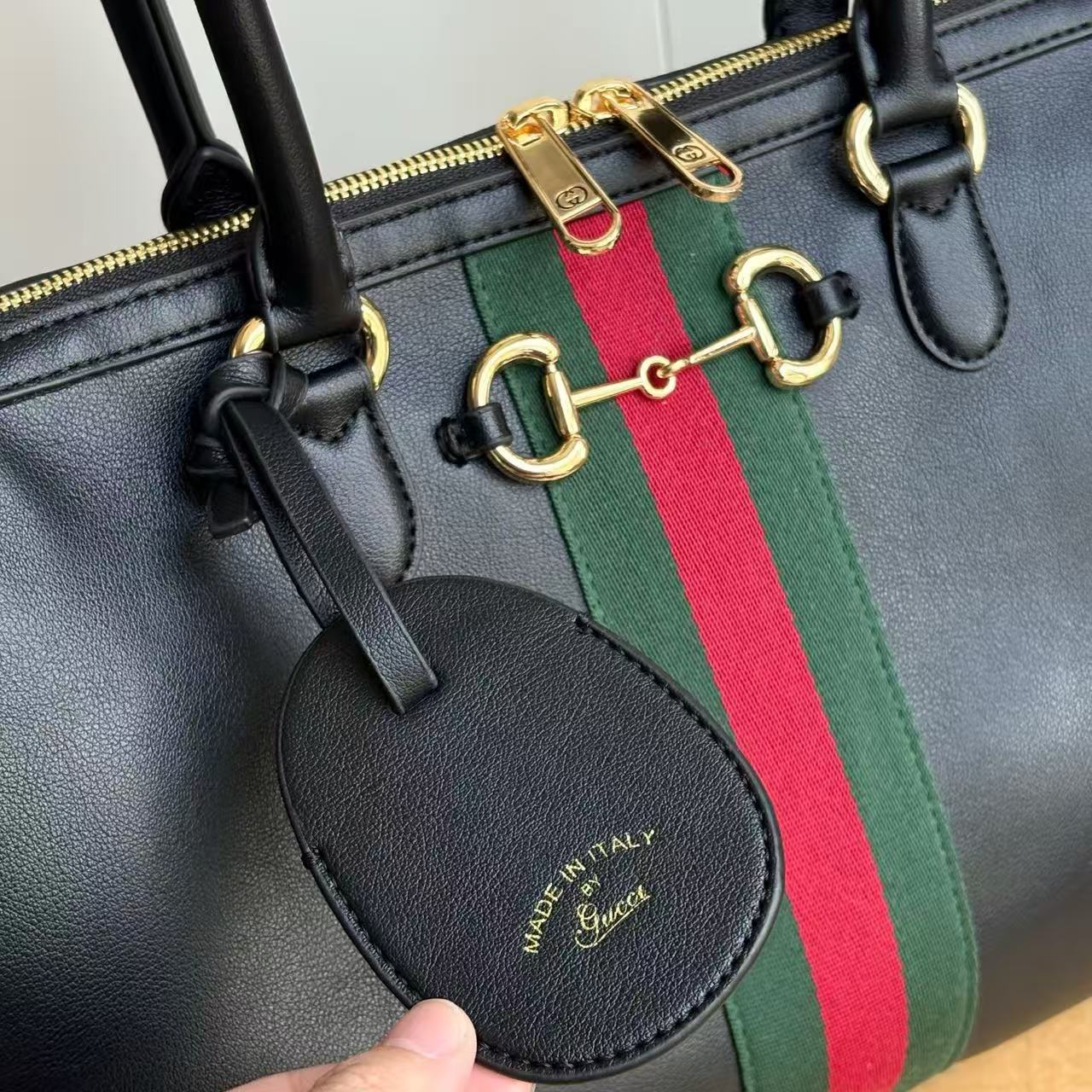 Black leather handbag 15.2″ × 8.9″ × 5.1″