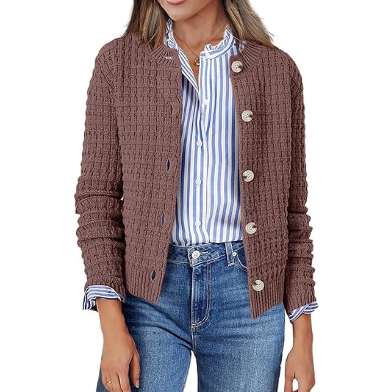 Women 2026 Fall Cropped Knit Cardigan Jacket Crew Neck Textured Waffle Knit Long Sleeve Button‑Front Casual Knit Outerwear