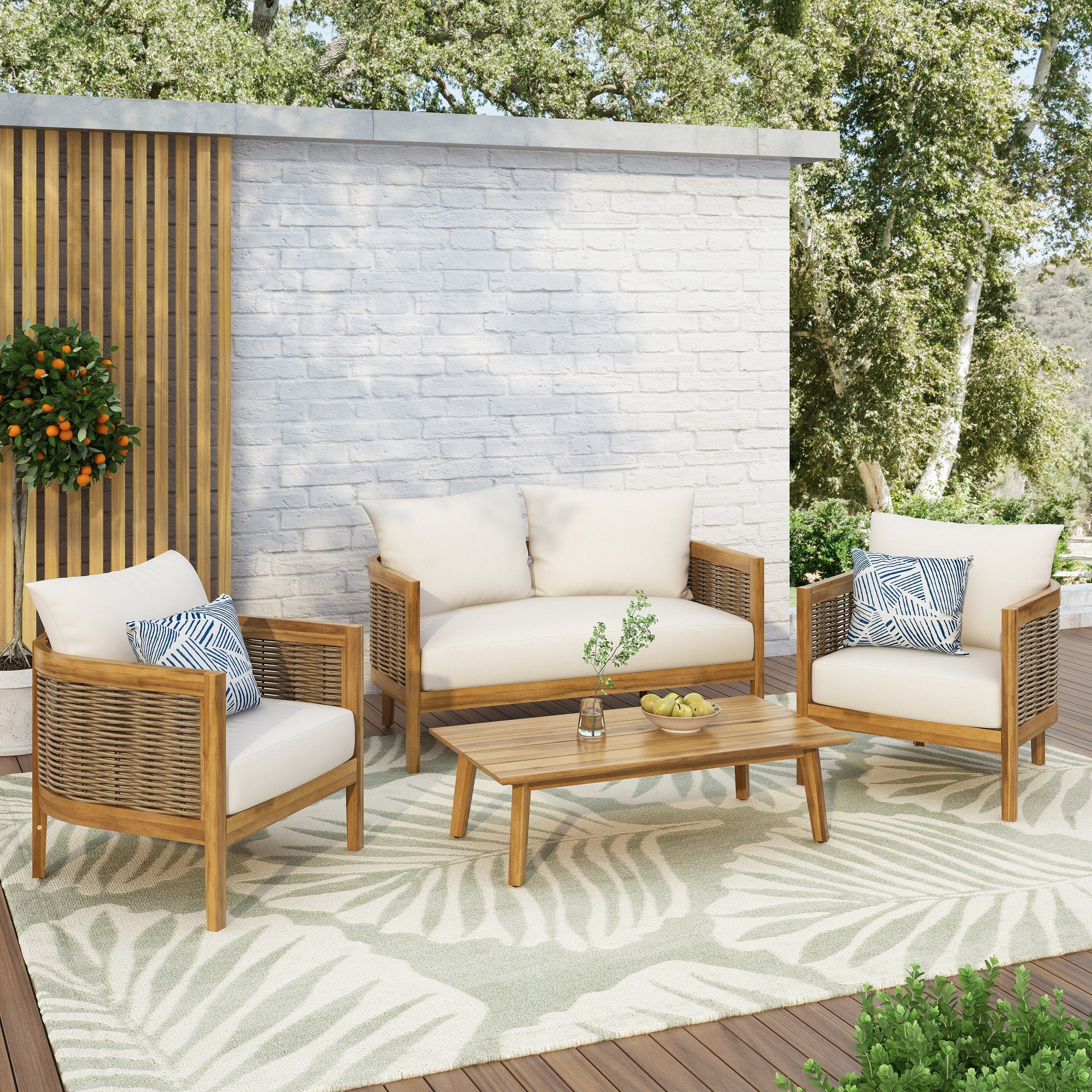 Burchett Outdoor Acacia Wood and Wicker 4 Seater Chat Set with Optional Sunbrella Cushions by Christopher Knight Home