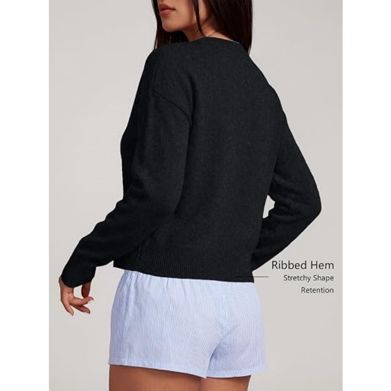 Women Cropped Knit Cardigan Long Sleeve Button Down Crew Neck Lightweight Fall Casual Knit Sweater Outerwear