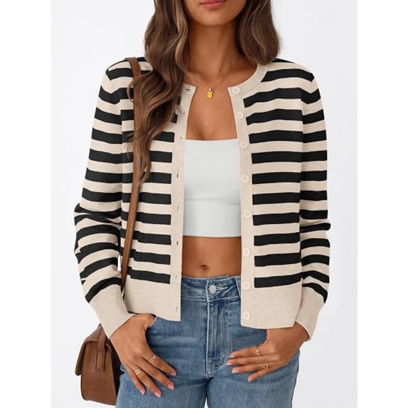 Women Lightweight Striped Knit Cardigan Crew Neck Button‑Down Long Sleeve Cropped Casual Knit Outerwear