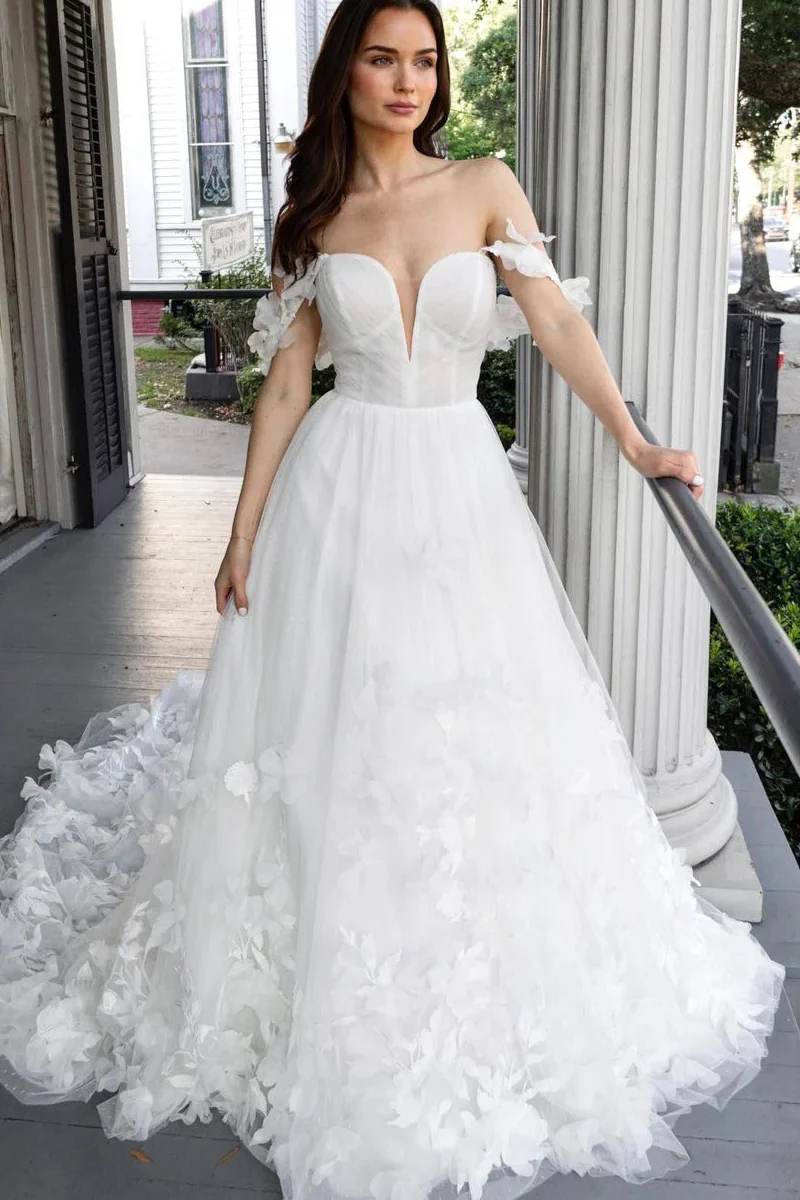 Fairy A Line V Neck Tulle Wedding Dress with 3D Flower Appliques