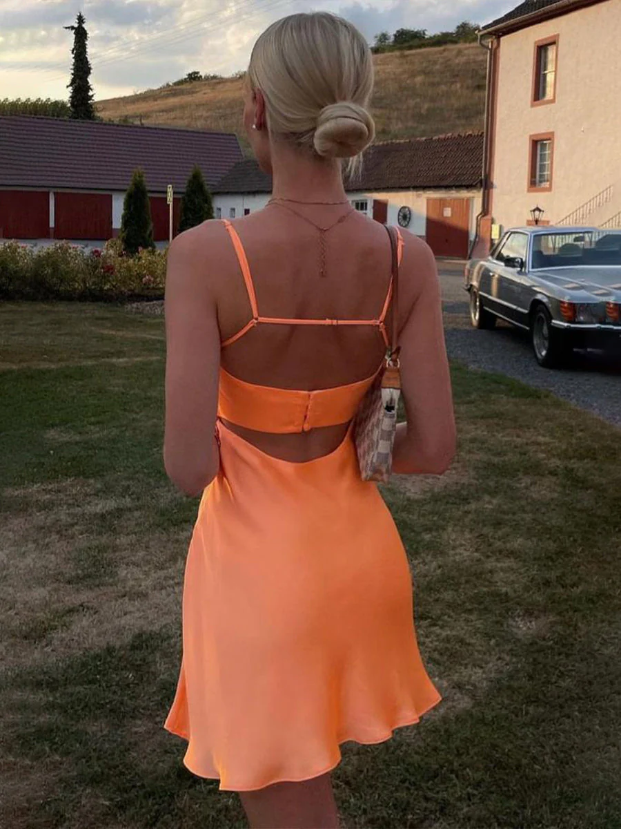 Spaghetti Strap Scoop Satin Short Party Homecoming Dress