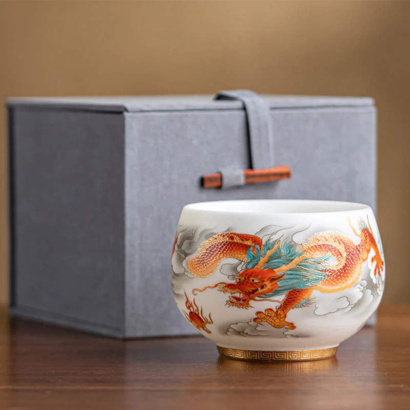 Dragon Phoenix Auspicious Clouds Ceramic Teacup Kung Fu Tea Cup With Gift Box