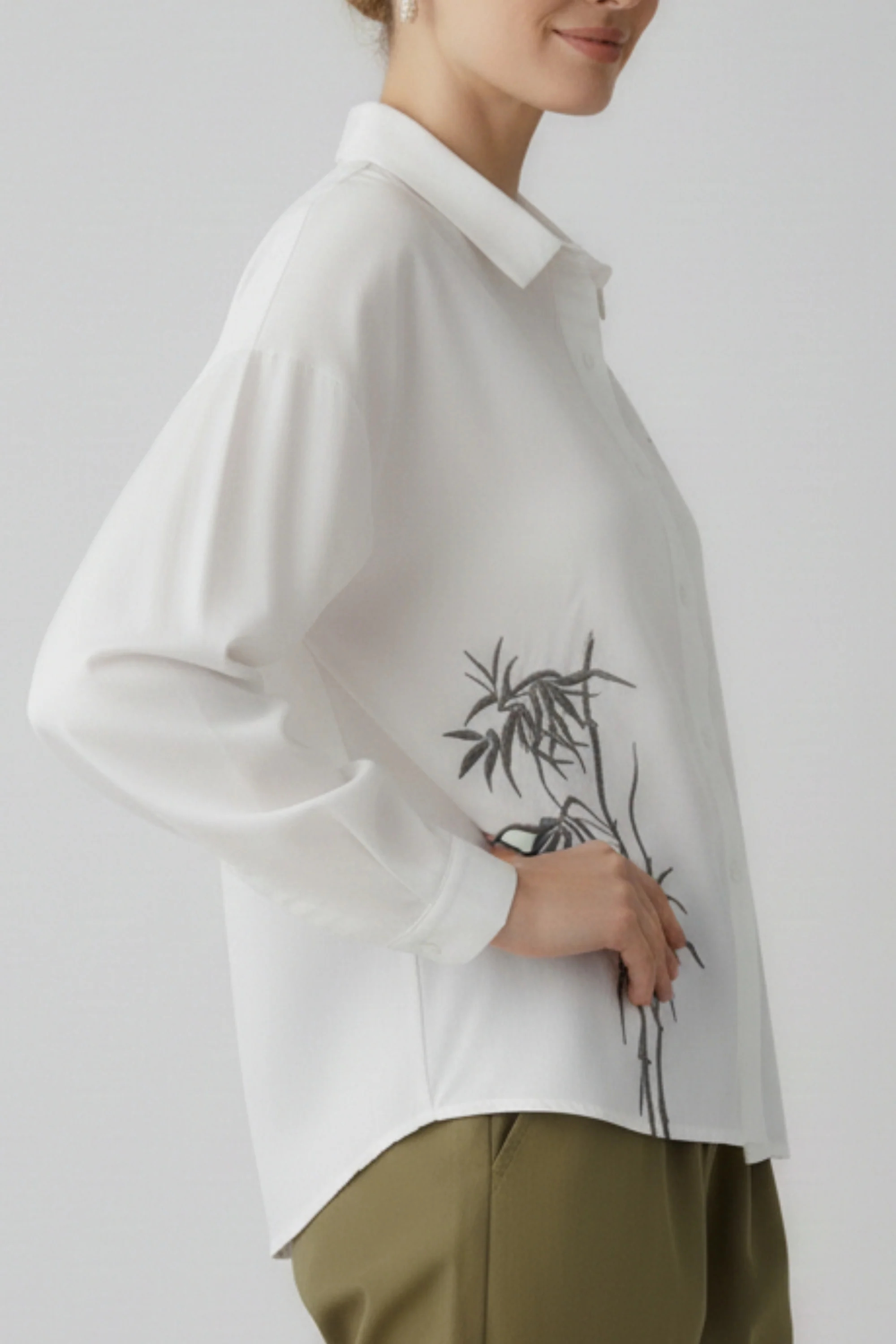 White Cotton Shirt With Bamboo Embroidery