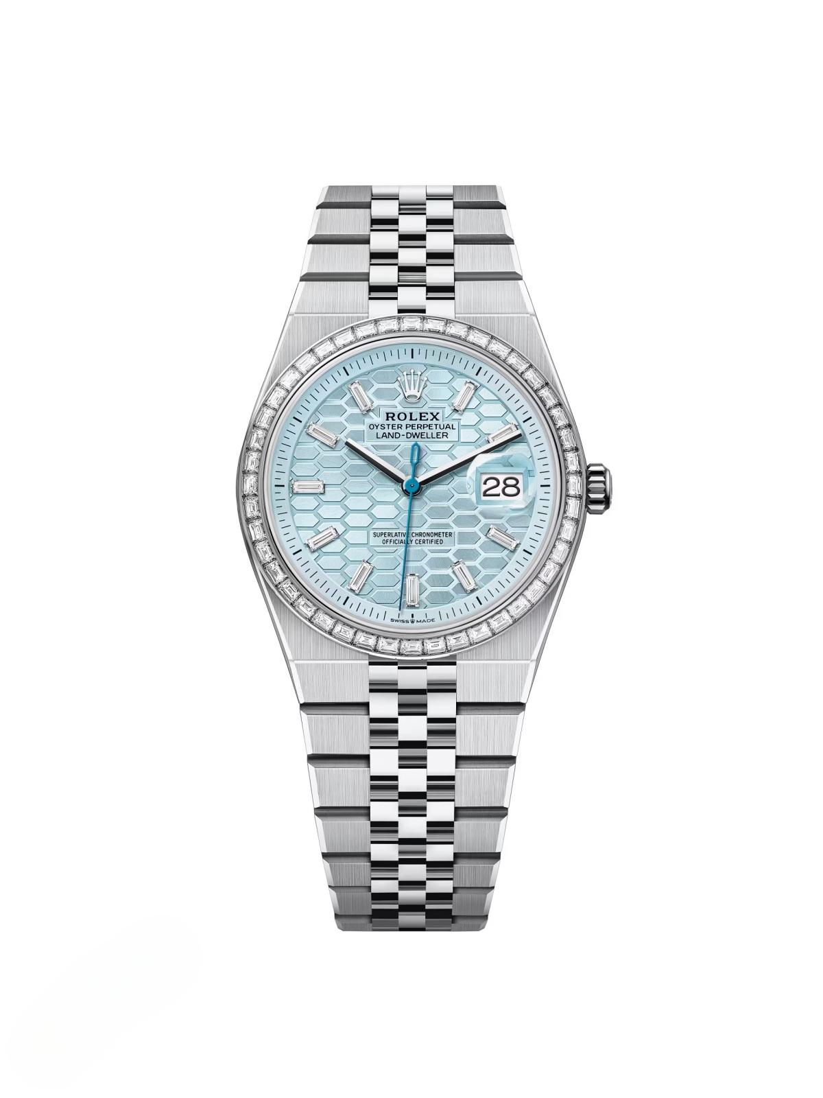 Rolex Land-Dweller 127286TBR-0001 Blue Honeycomb Dial Diamond Platinum Jubilee Bracelet 36mm
