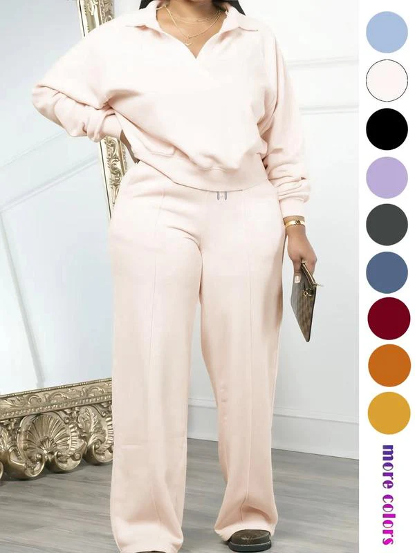 Women's Sets 2 Piece Outfit Long Sleeve Lapel V Neck Sweatshirt and Drawstring Wide Leg Pants Sweatsuits