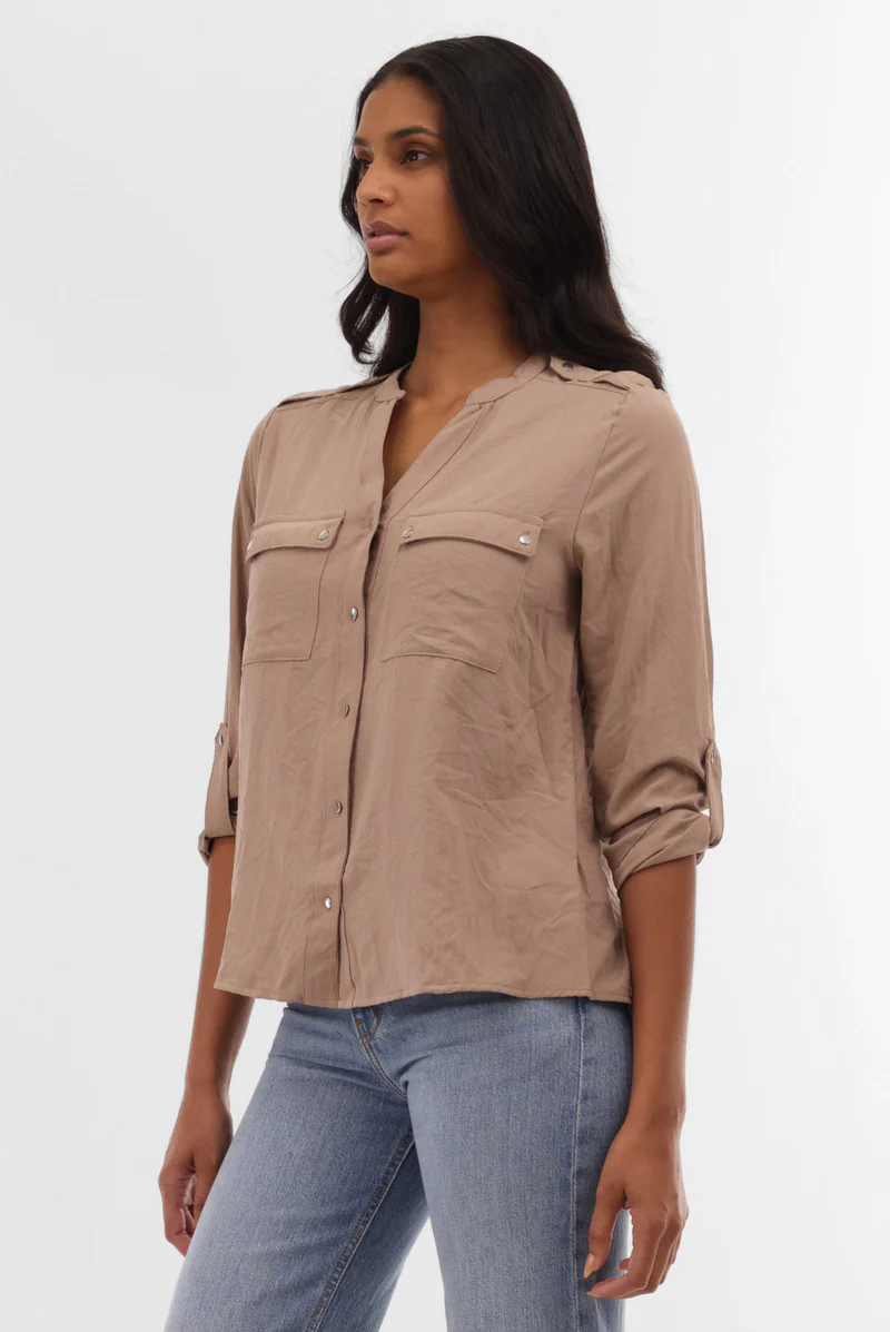 Roll Up Sleeve Utility Pocket Blouse - Taupe