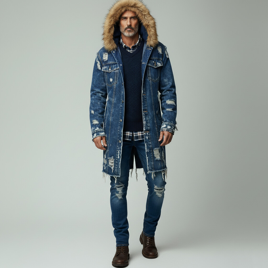 Men's Blue Ripped Raw Edge Long Sleeve Button Furry Hooded Denim Coat