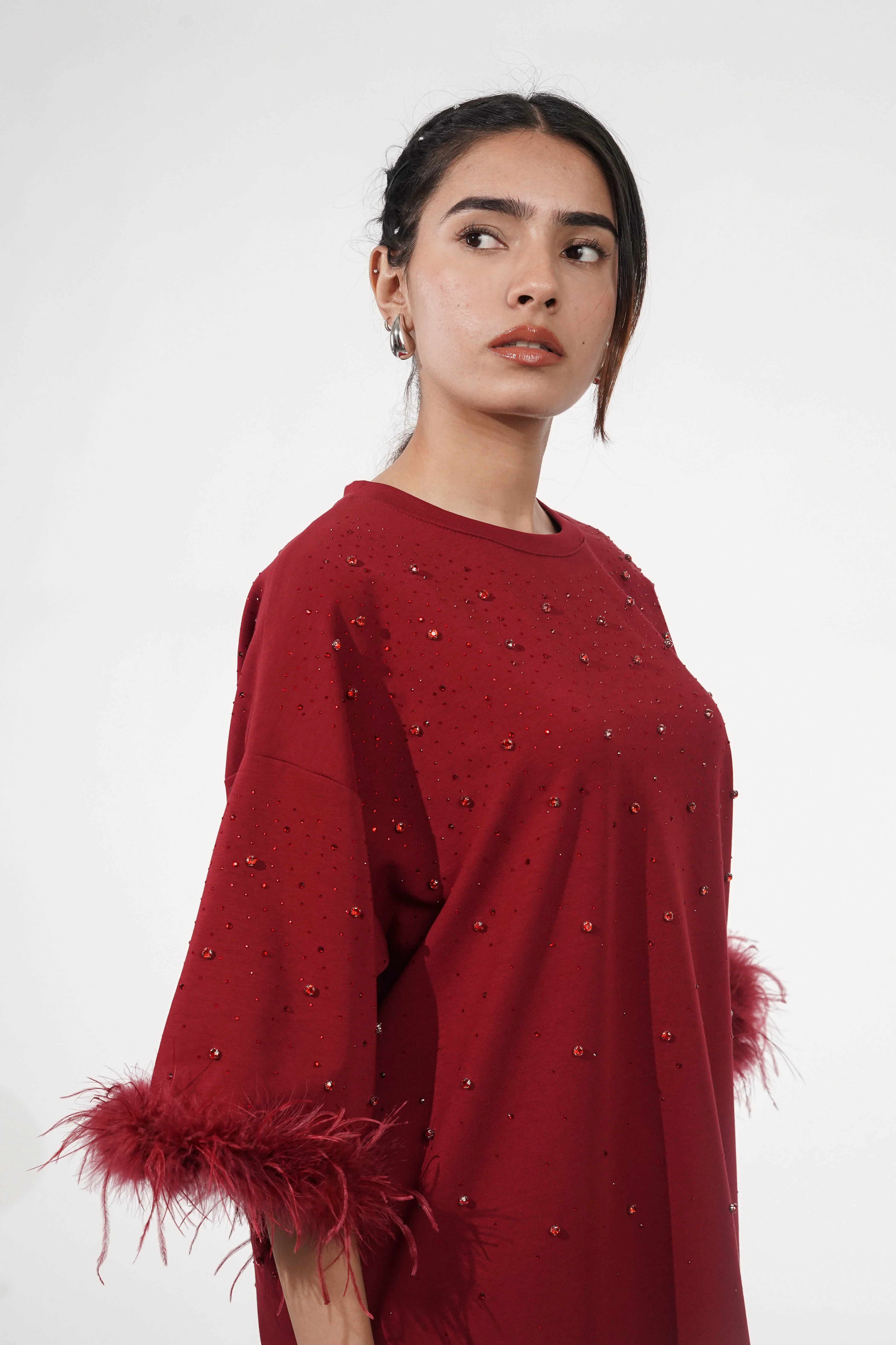 Amy Dark Red Feather Detail T-shirt