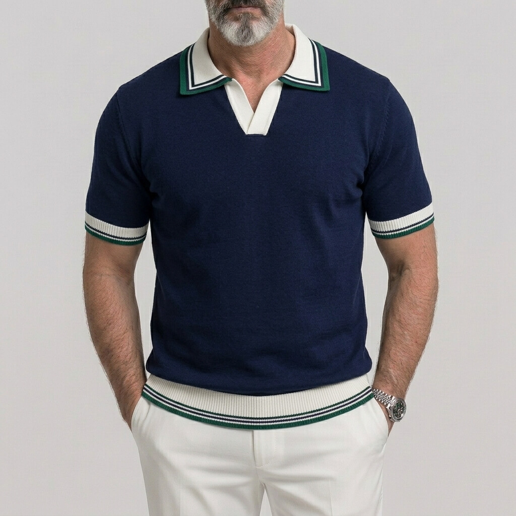 Men's Contrast Stripe Ribbed Trim Short Sleeve Polo Shirt