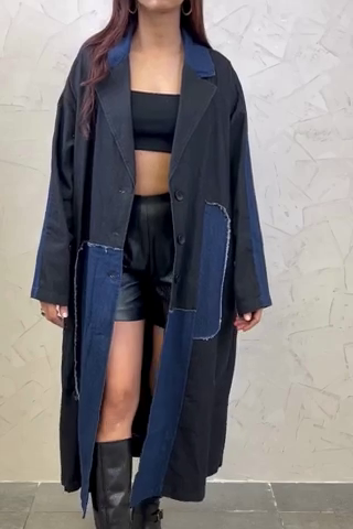 Patchwork Denim Long Trench Coat