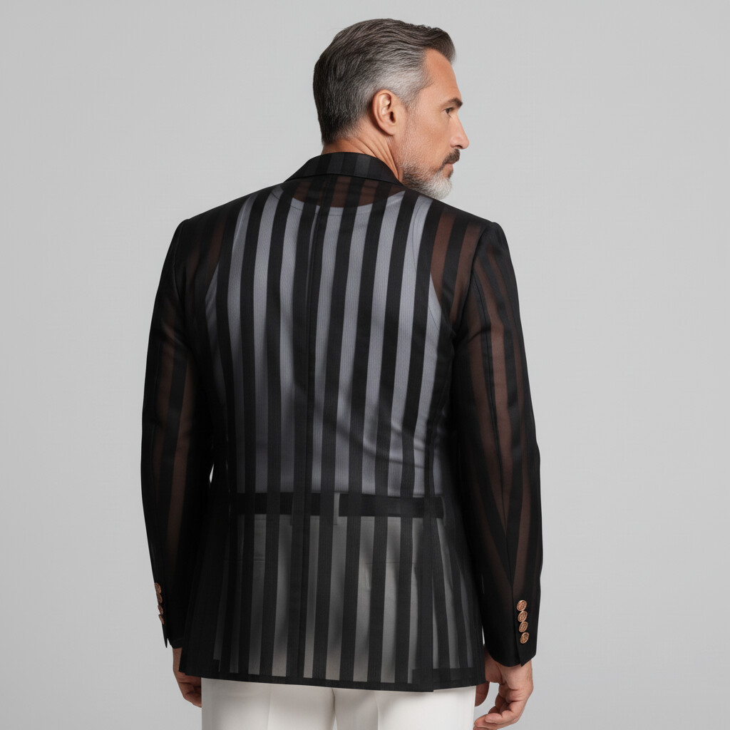 Men's Business Casual Black Peak Lapel Double Breasted Semi-Sheer Striped Blazer