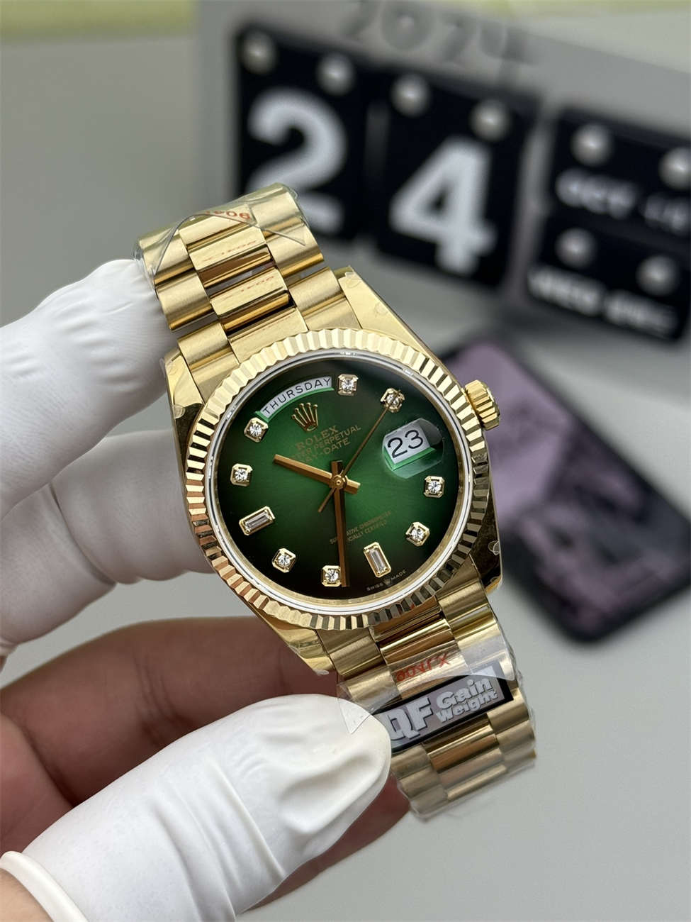 Rolex President 36mm Replica (QF Factory) – 158g Tungsten Green Ombré Diamond