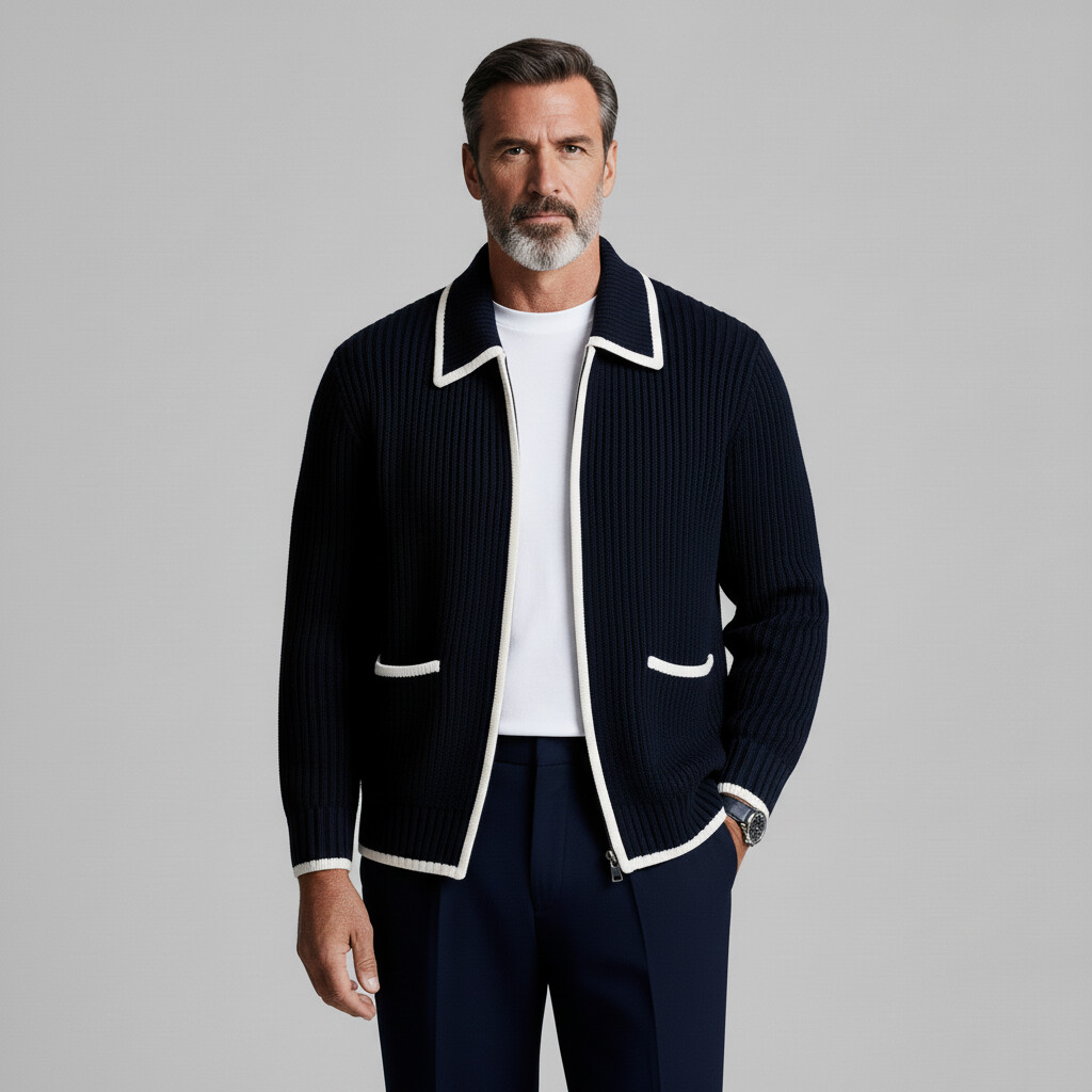Men's Navy Blue Ribbed Knit Contrast Binding Shirt Collar Patch Pockets Long Sleeve Zip-Up Jacket