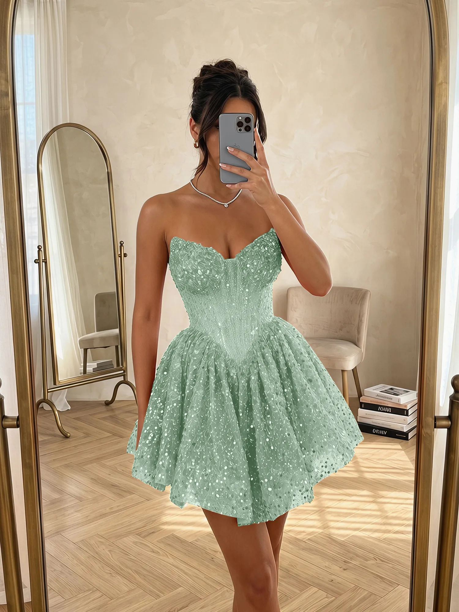 Sequin Strapless Sweetheart Mini Homecoming Dress with Ruffled Skirt