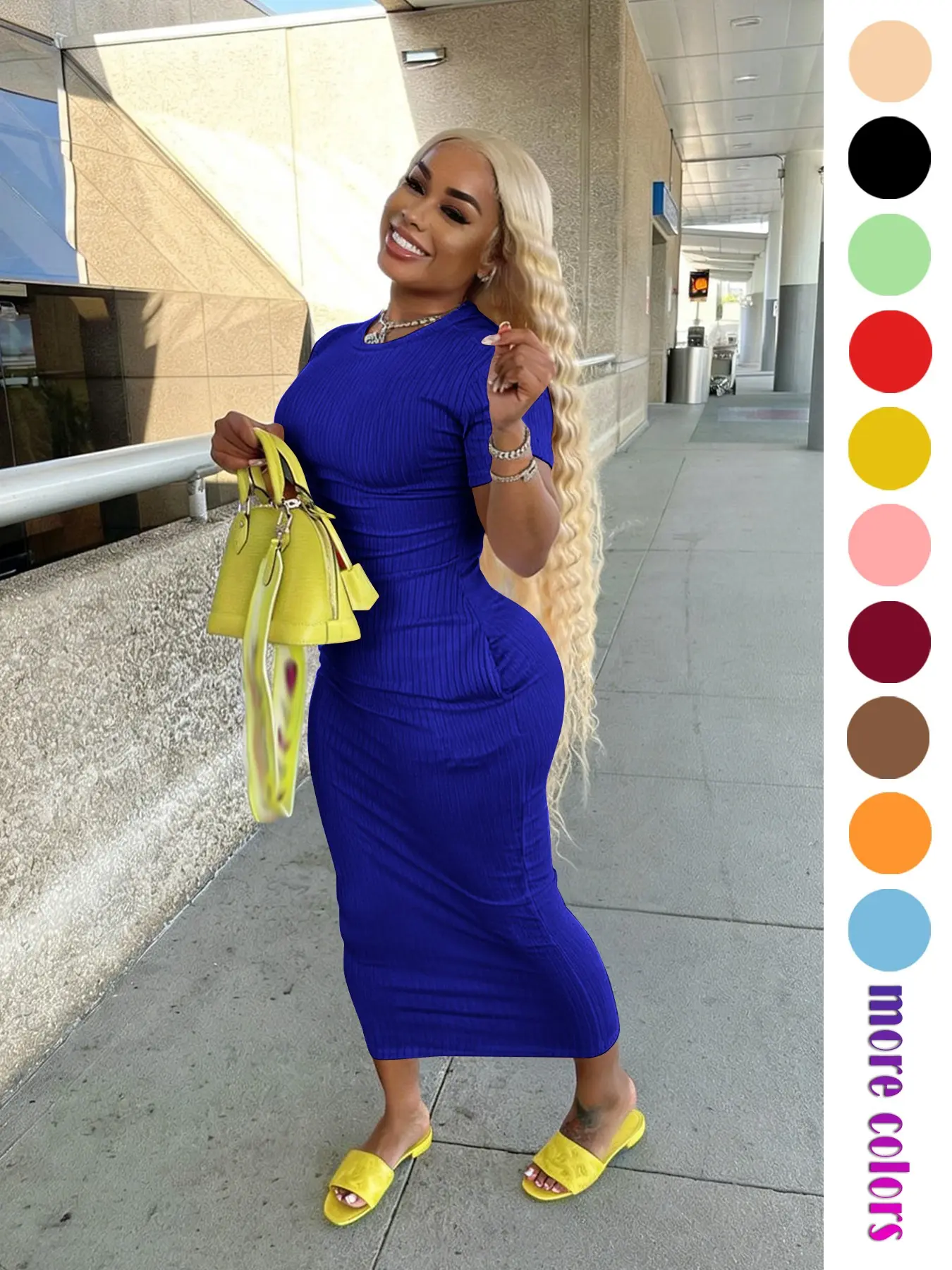 Threaded Elastic Solid Color Bodycon Dress, Breathable Elastic Party Outing Travel Pocket Long Dress, Summer Dress, Everyday Casual Wear, Womenswear