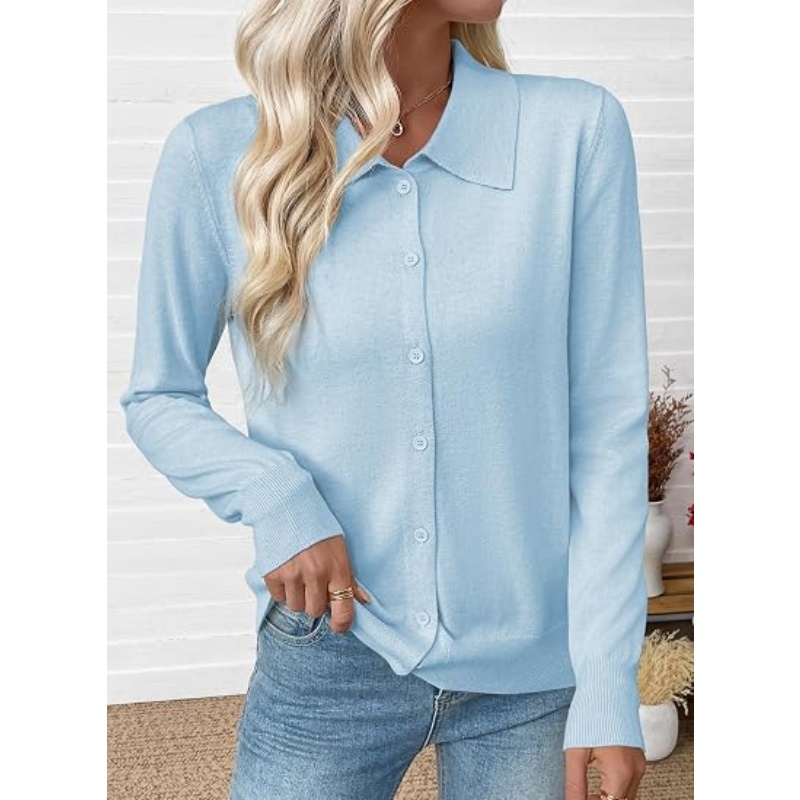 Women Lightweight Collared Button‑Down Knit Cardigan Long Sleeve Lapel Collar Casual Knit Outerwear Fall Fashion Outfits