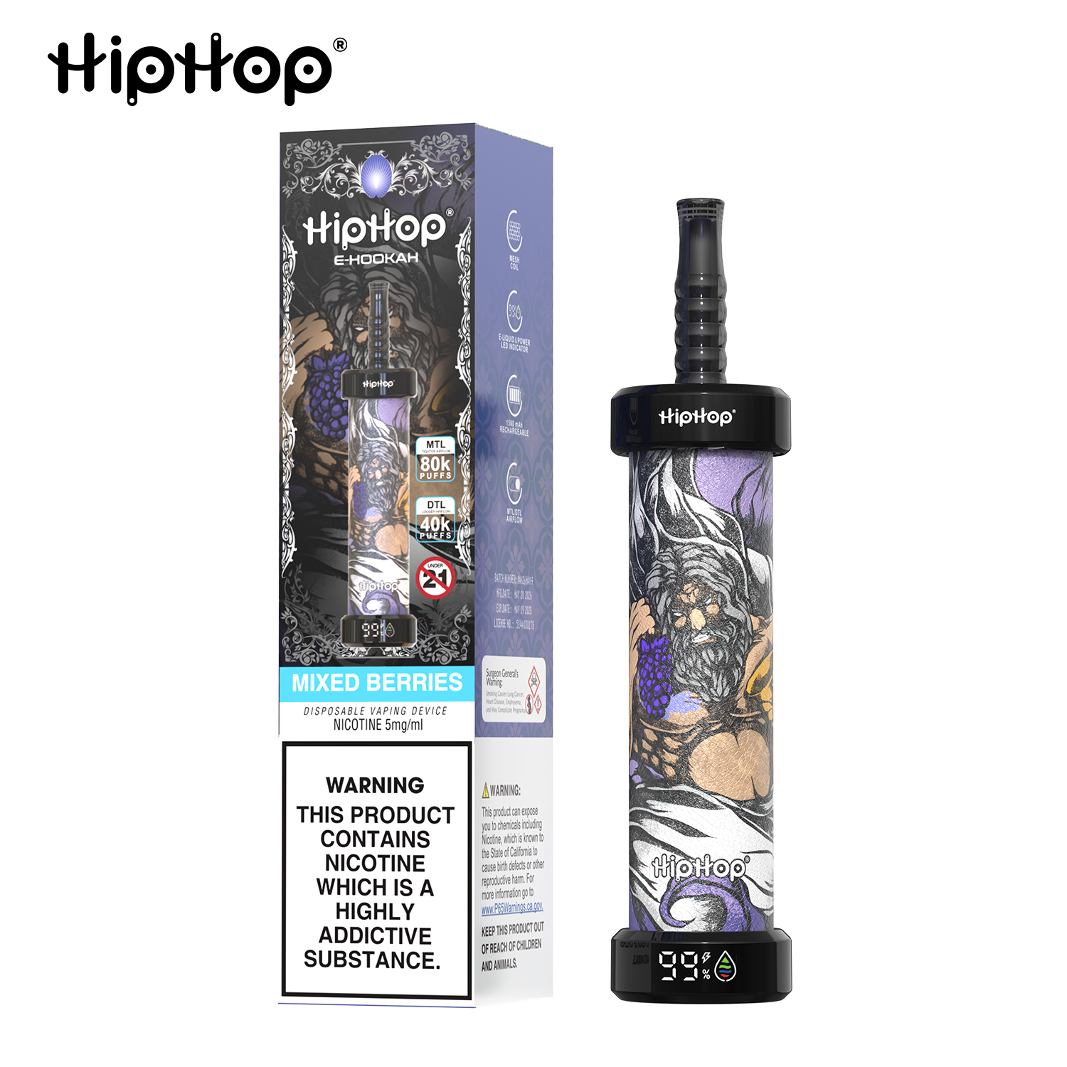 HIPHOP 80000 zaciągnięć, waporyzator szisza fabrycznie napełniony, ładowalny