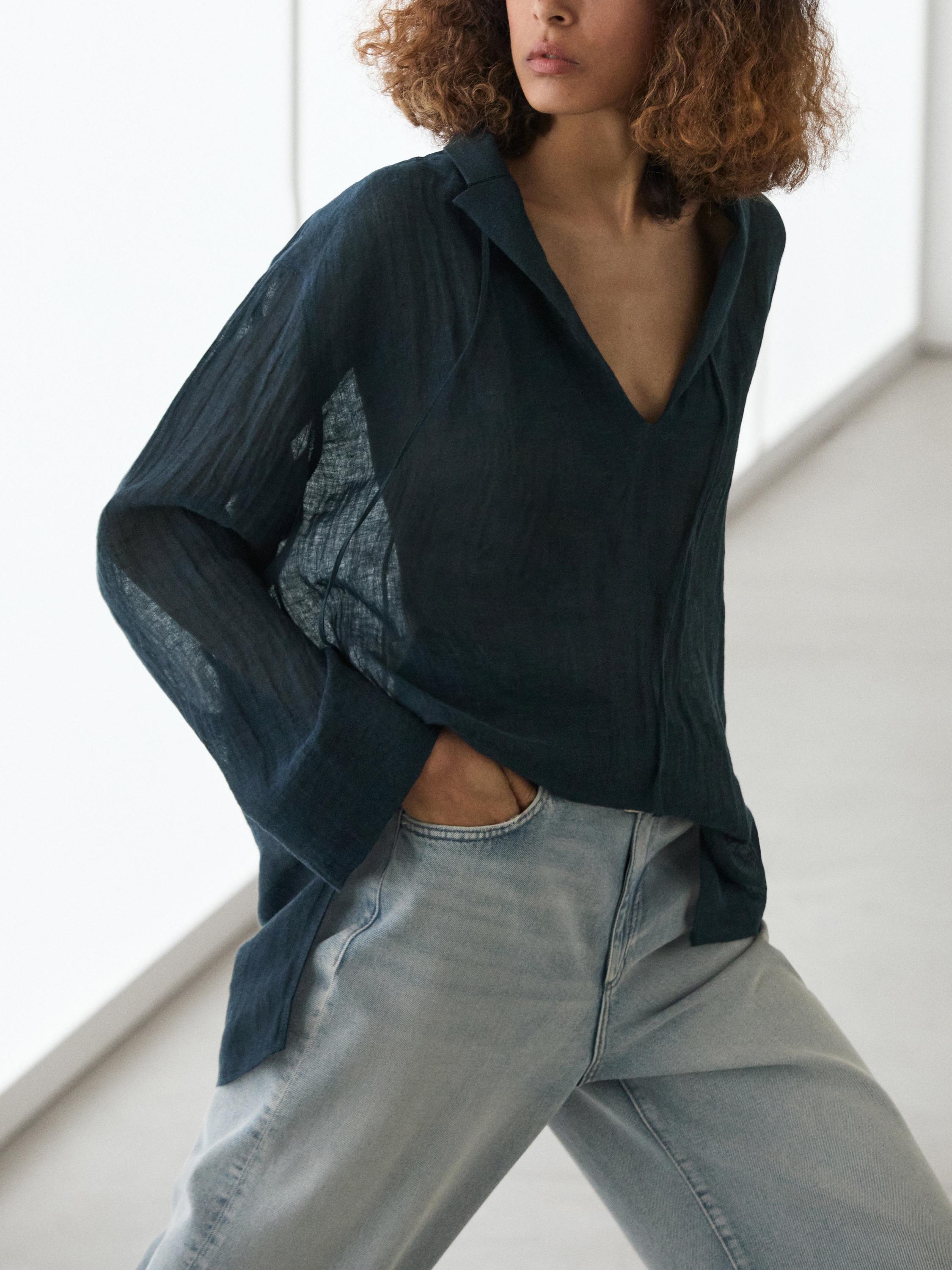 Blusa fluida cuello solapa 100% lino