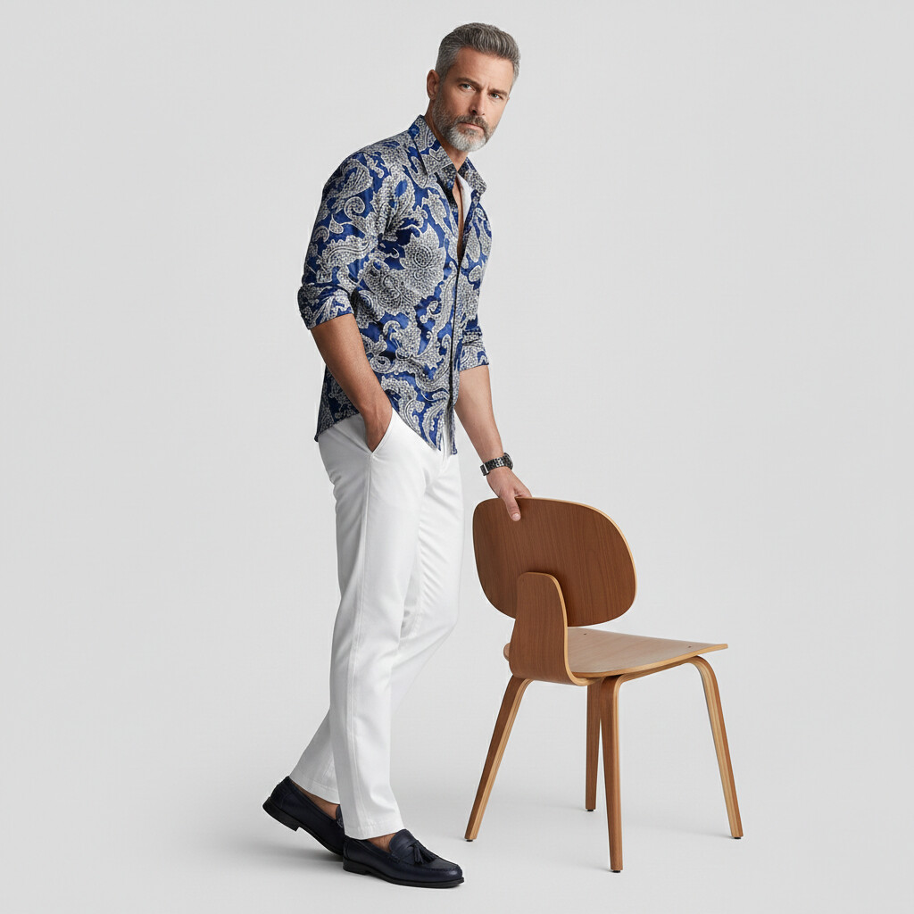 Men's Business Casual Paisley Shirt Collar Single Breasted Long Sleeve Shirts