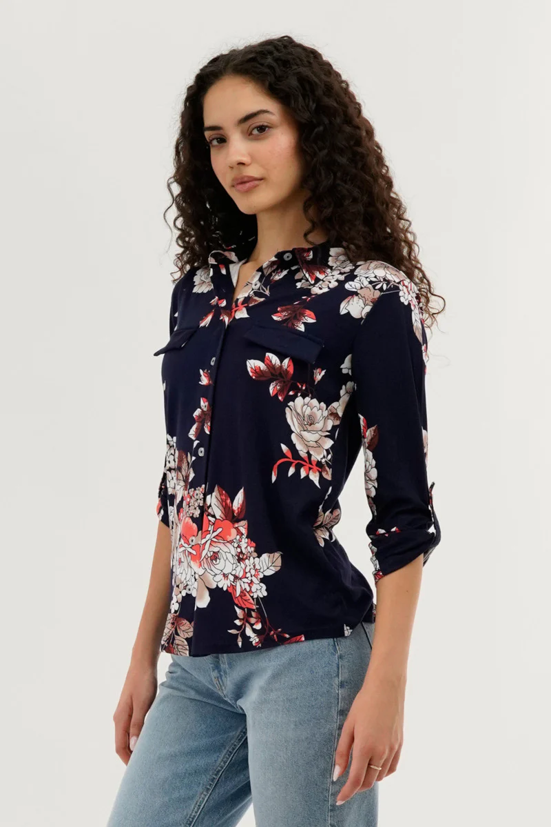 Floral Button Up Blouse - Navy