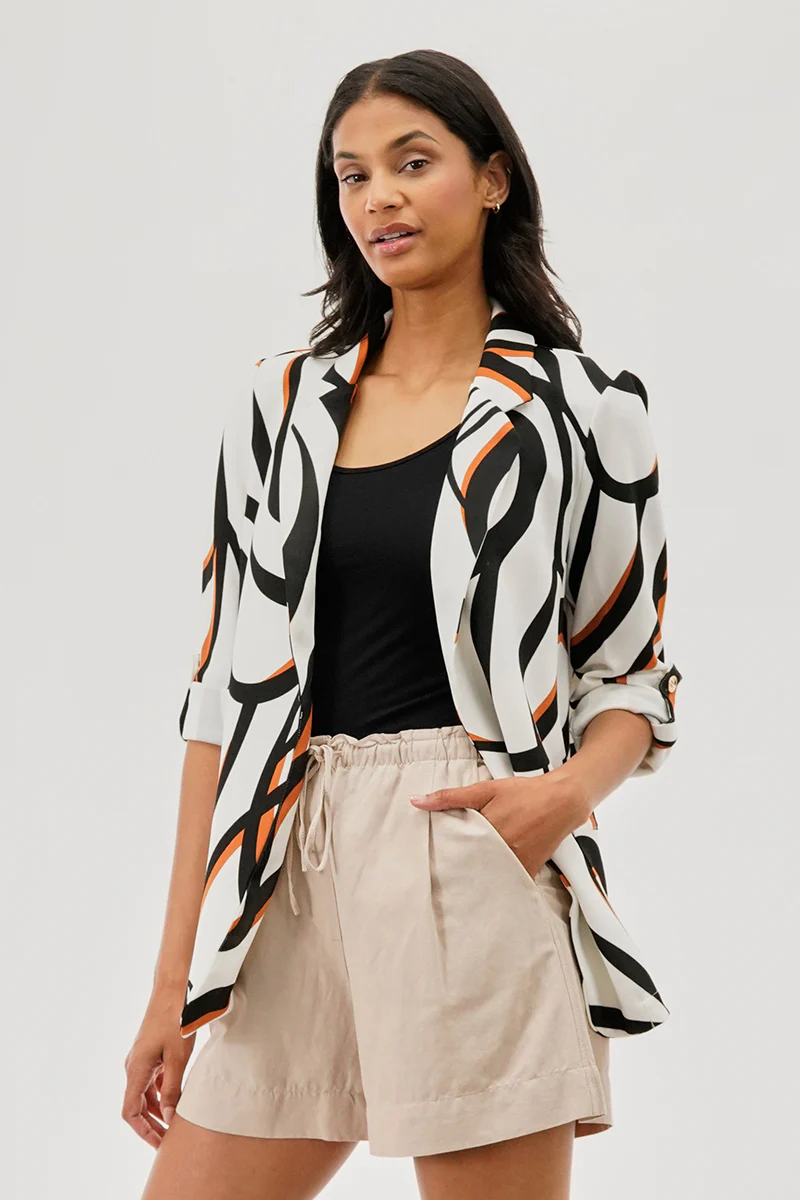 Patterned Roll Up Sleeve Open Blazer - White