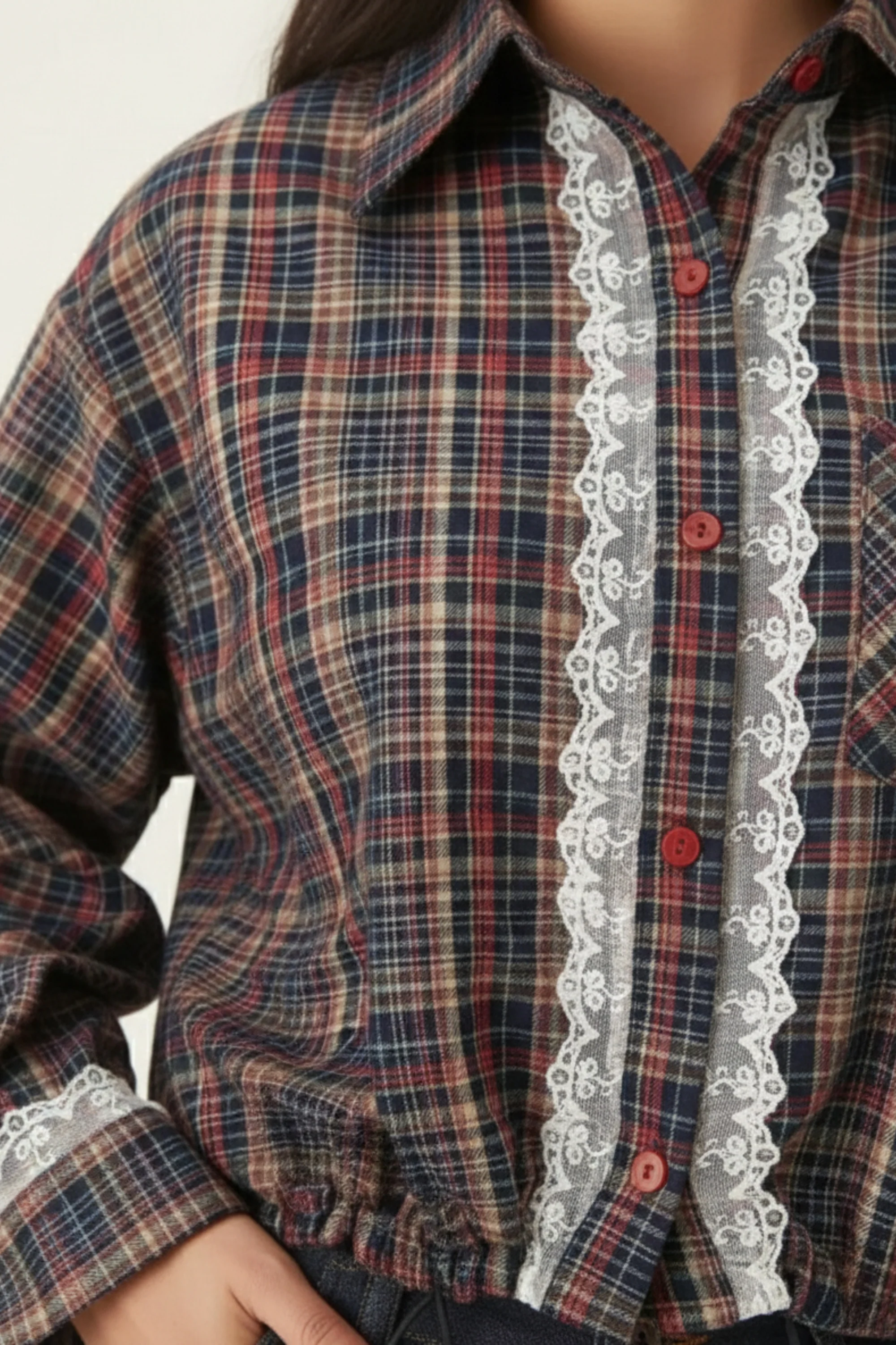 Rust Check Lace-Trim Cropped Shirt