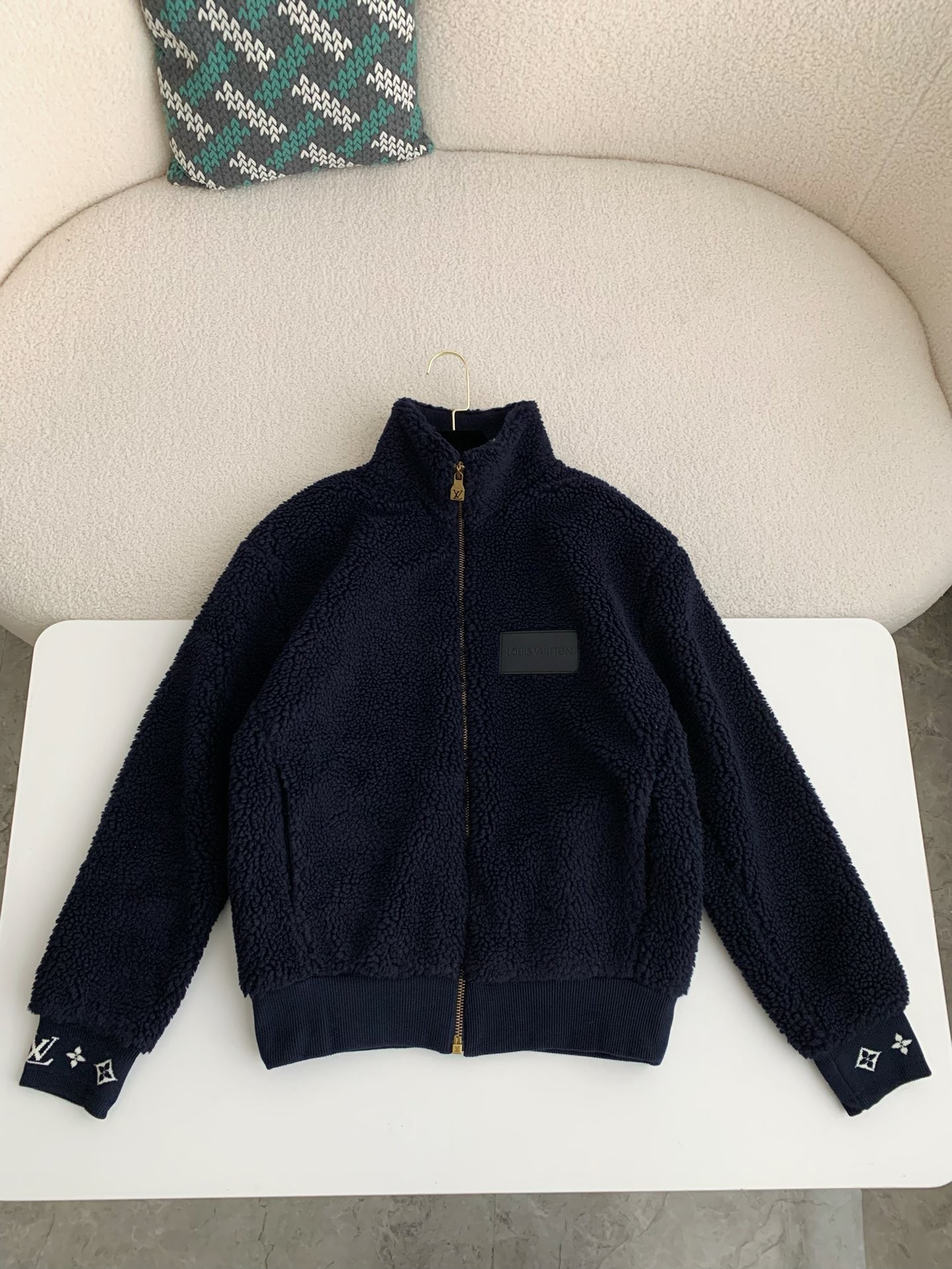 LV Embossed leather patch long-sleeve fleece jacket