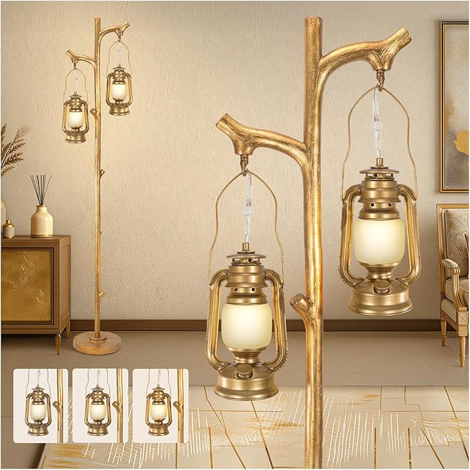 LUMIGROVE 68” Tall Floor Lamp with Lanterns, Gold Standing Lamp Tree Trunk Finish